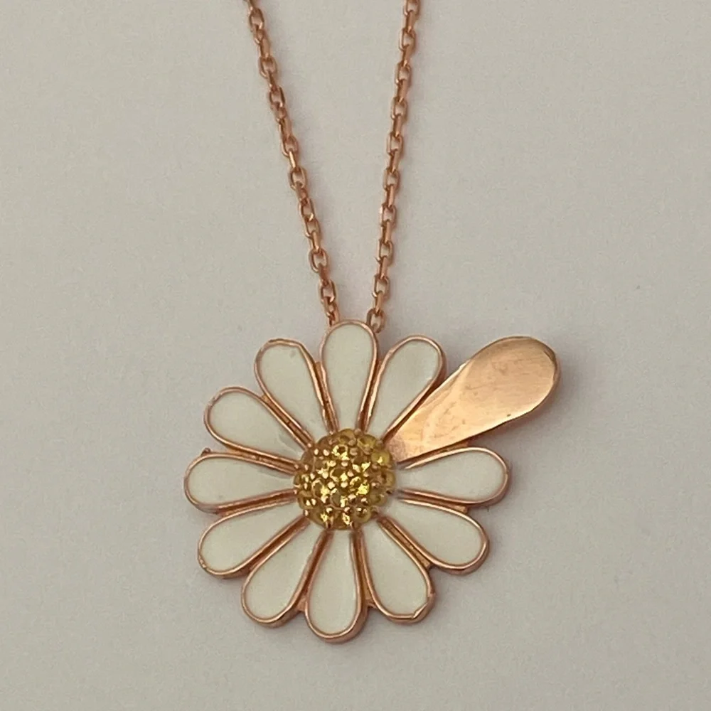 925 Silver daisy necklace cz initial handmade enamel 14k rose gold plated